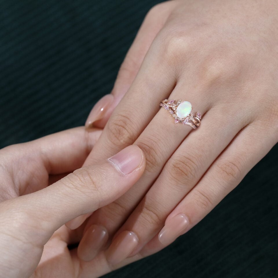 Garden Themed Oval Cut Natural Opal Bridal Ring Set With Pink Sapphire Accents (1)