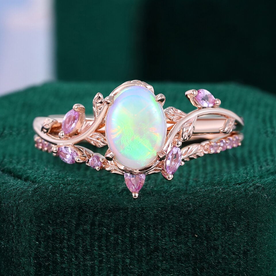 Garden Themed Oval Cut Natural Opal Bridal Ring Set With Pink Sapphire Accents