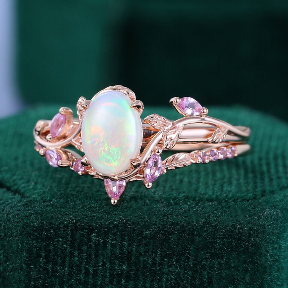 Garden Themed Oval Cut Natural Opal Bridal Ring Set With Pink Sapphire Accents (3)