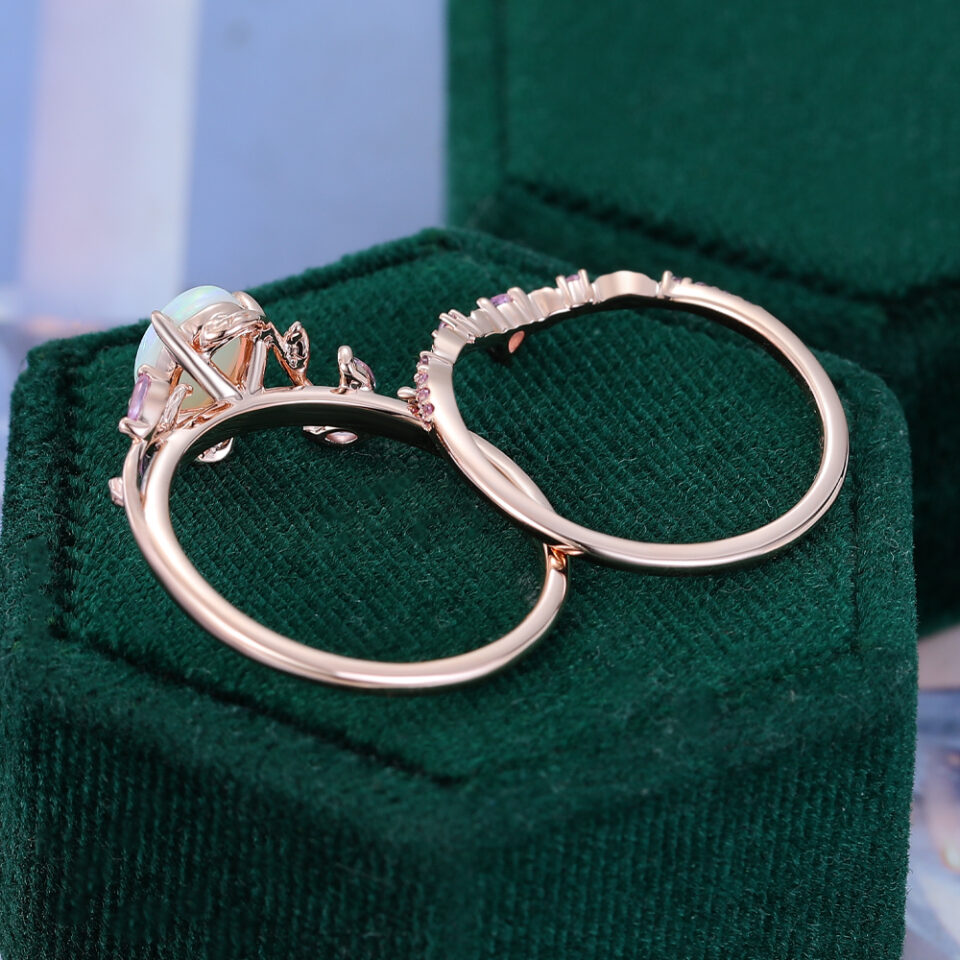 Garden Themed Oval Cut Natural Opal Bridal Ring Set With Pink Sapphire Accents (4)