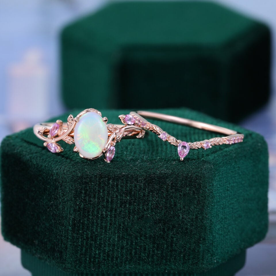 Garden Themed Oval Cut Natural Opal Bridal Ring Set With Pink Sapphire Accents (5)