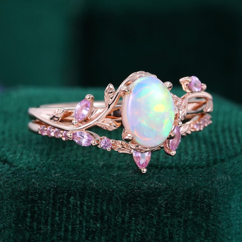 Garden Themed Oval Cut Natural Opal Bridal Ring Set With Pink Sapphire Accents (6)