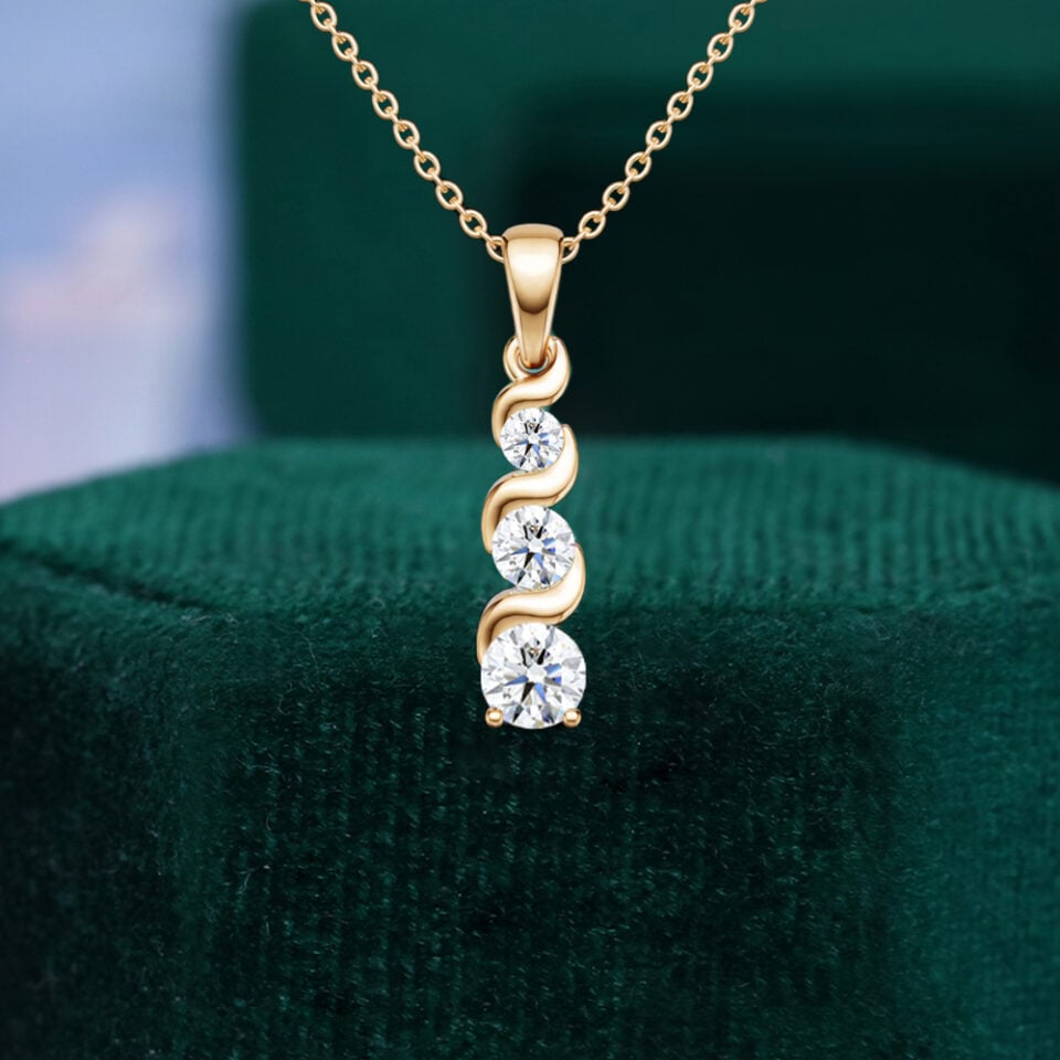 Graduated Round Lab Diamond Wave Drop Pendant Necklace