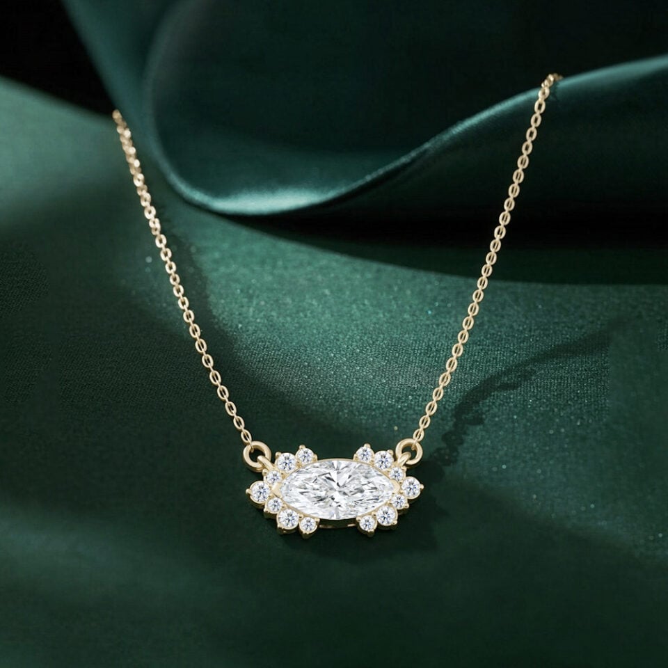 Horizontal marquise cut lab diamond necklace with cluster accents