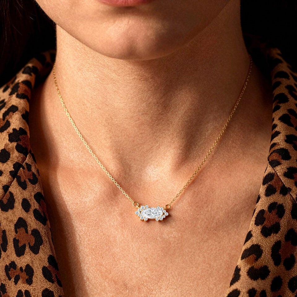 Horizontal Marquise Cut Lab Diamond Necklace with Cluster Accents (5)