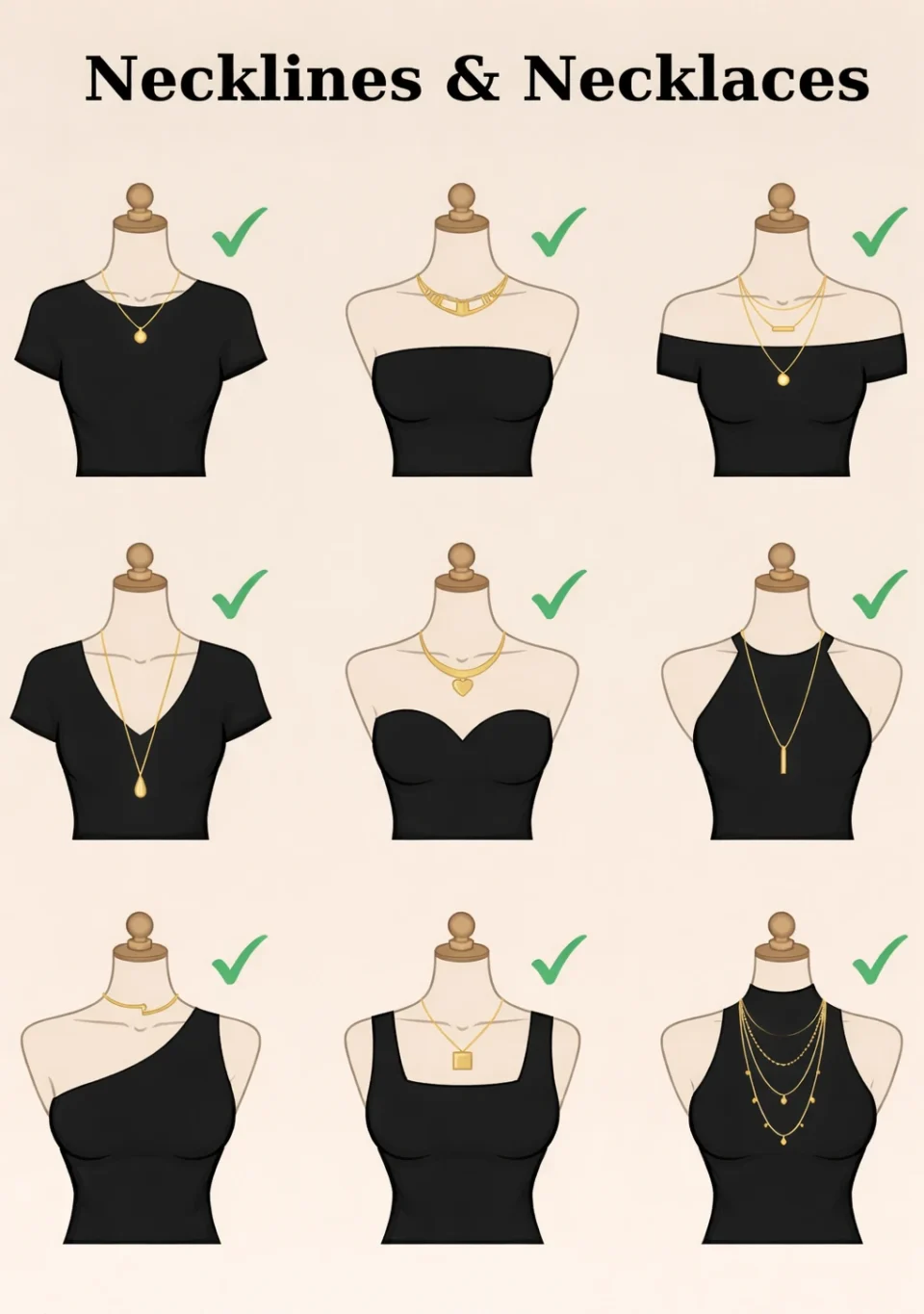 Infographic guide on how to match necklaces with different necklines featuring 9 examples