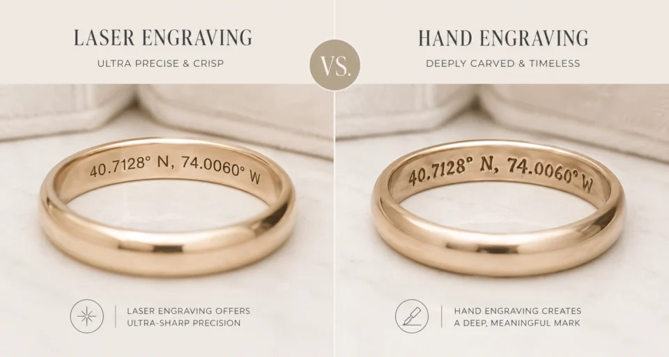Laser vs. hand engraving comparison on gold wedding bands showing ultra-precise laser coordinates versus deeply carved traditional hand engraving