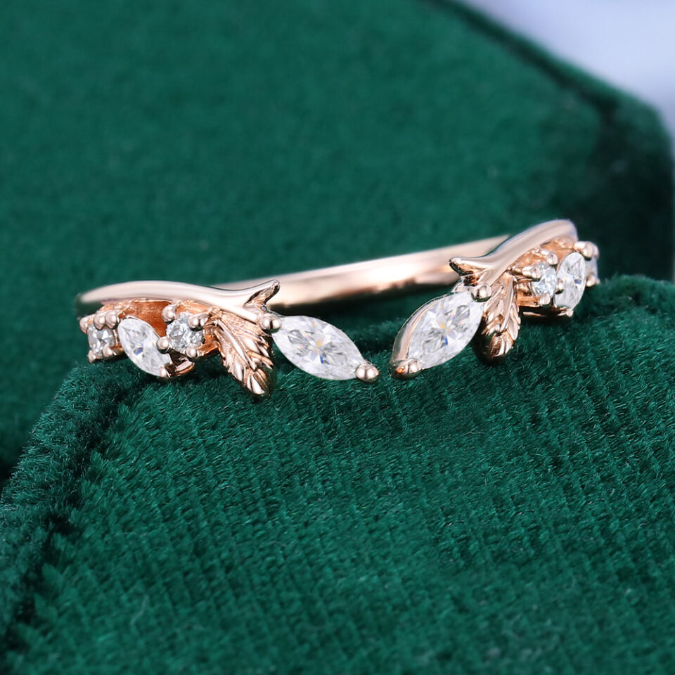 Leaf accented moissanite open curved wedding band stacking anniversary ring