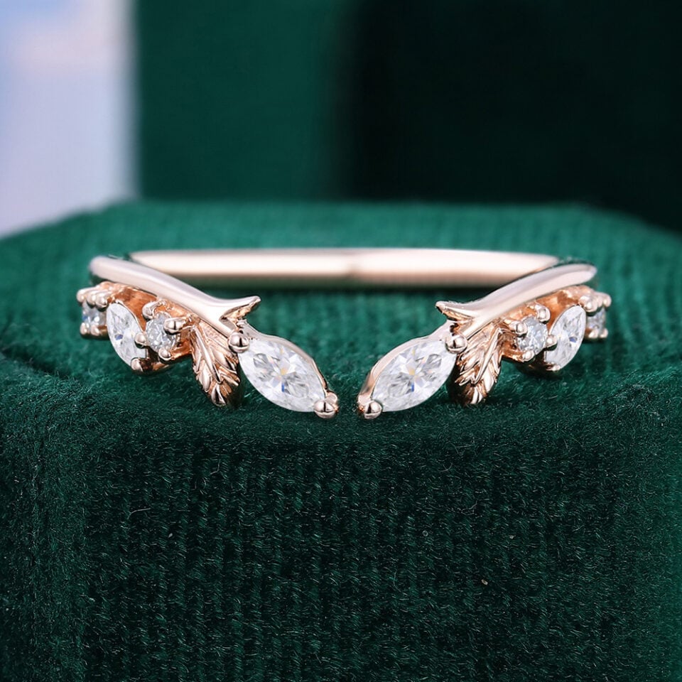 Leaf Accented Moissanite Open Curved Wedding Band Stacking Anniversary Ring