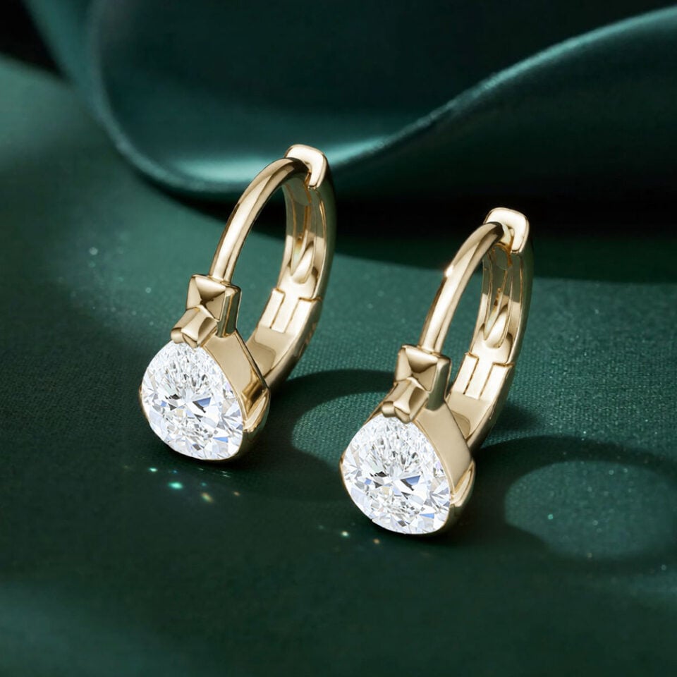 Minimalist Pear Cut Lab Diamond Huggie Hoop Earrings (2)
