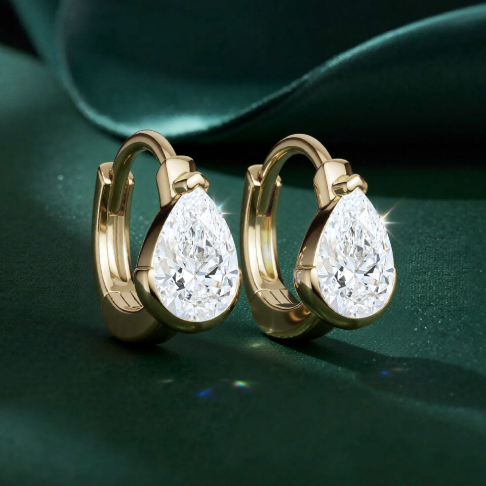Minimalist Pear Cut Lab Diamond Huggie Hoop Earrings