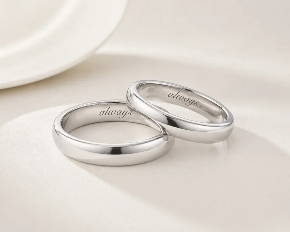Minimalist men's wedding band with custom interior engraving on a marble surface