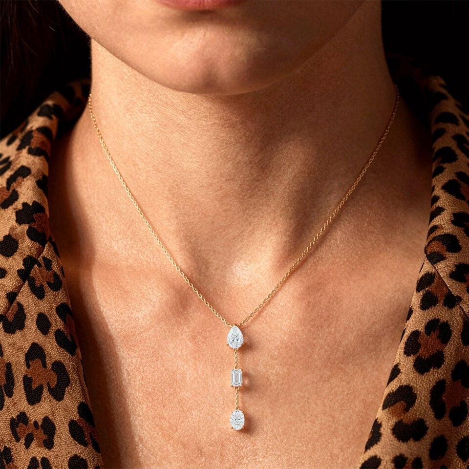 Mixed Cut Lab Diamond Three Stone Pendant Necklace (6)