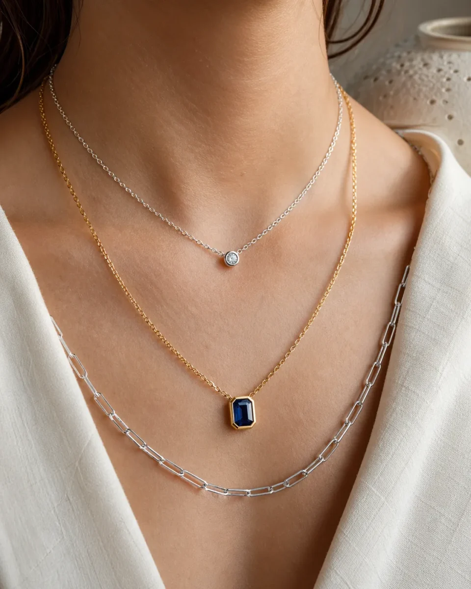 Mixed metal stack with an 18k gold sapphire pendant, a thin silver chain, and a sterling silver paperclip chain
