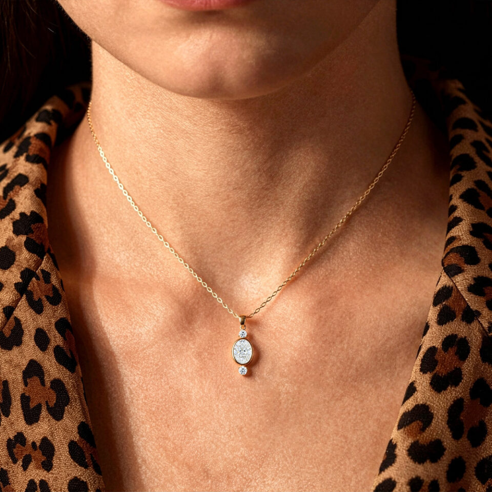 Oval Cut Lab Diamond Three Stone Pendant Necklace (1)