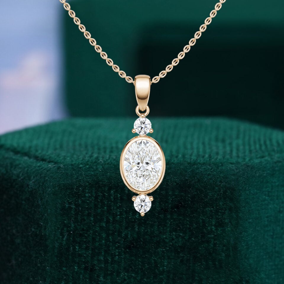 Oval Cut Lab Diamond Three Stone Pendant Necklace