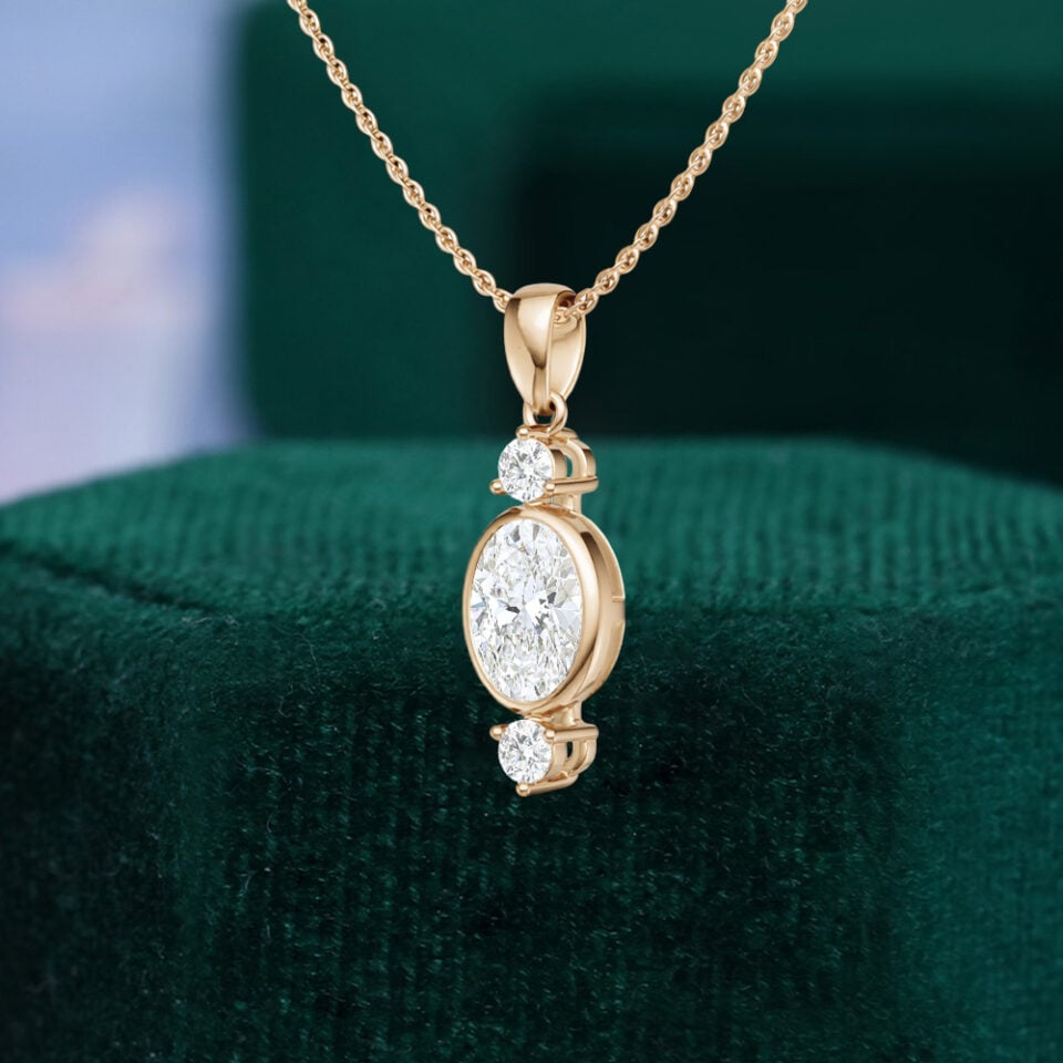 Oval Cut Lab Diamond Three Stone Pendant Necklace (3)