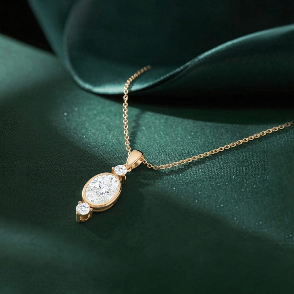 Oval Cut Lab Diamond Three Stone Pendant Necklace (5)