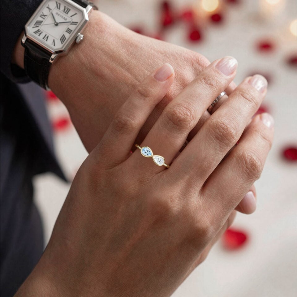 Pear Cut Aquamarine & Lab Diamond Infinity Toi et Moi Engagement Ring