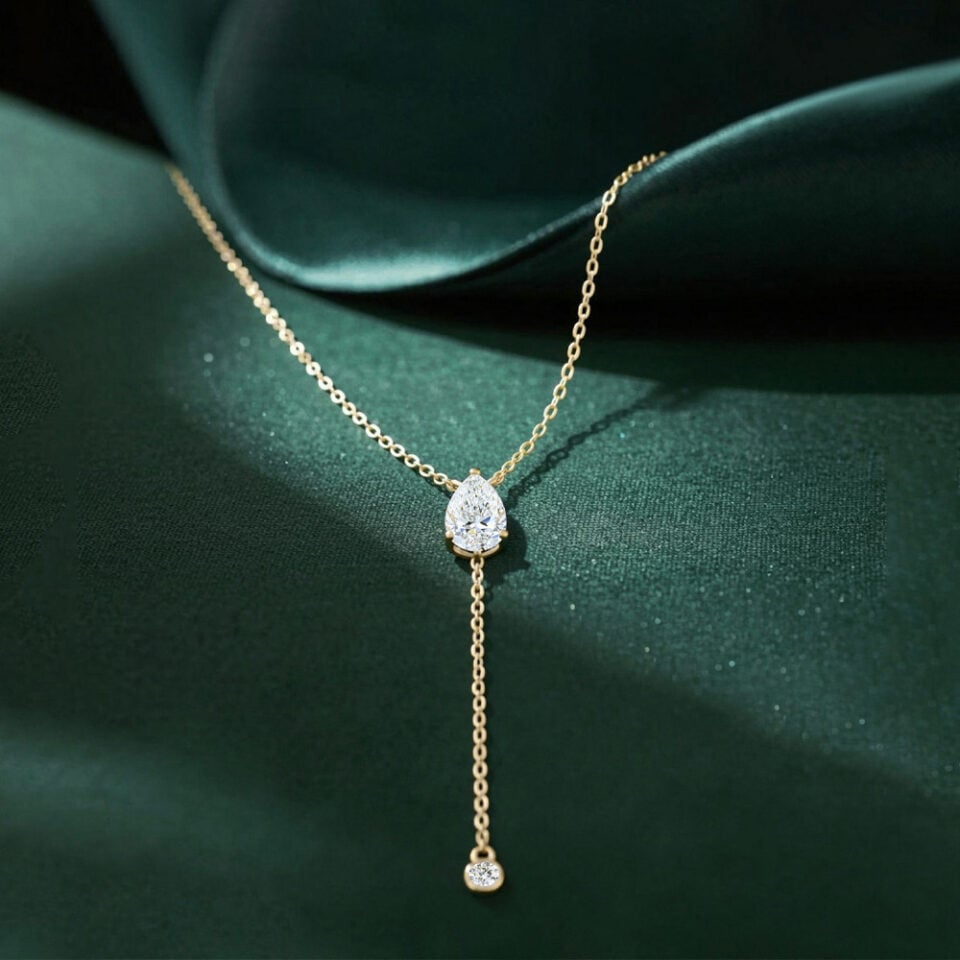 Pear Cut Lab Diamond Pendant Necklace with Round Drop Accent (9)
