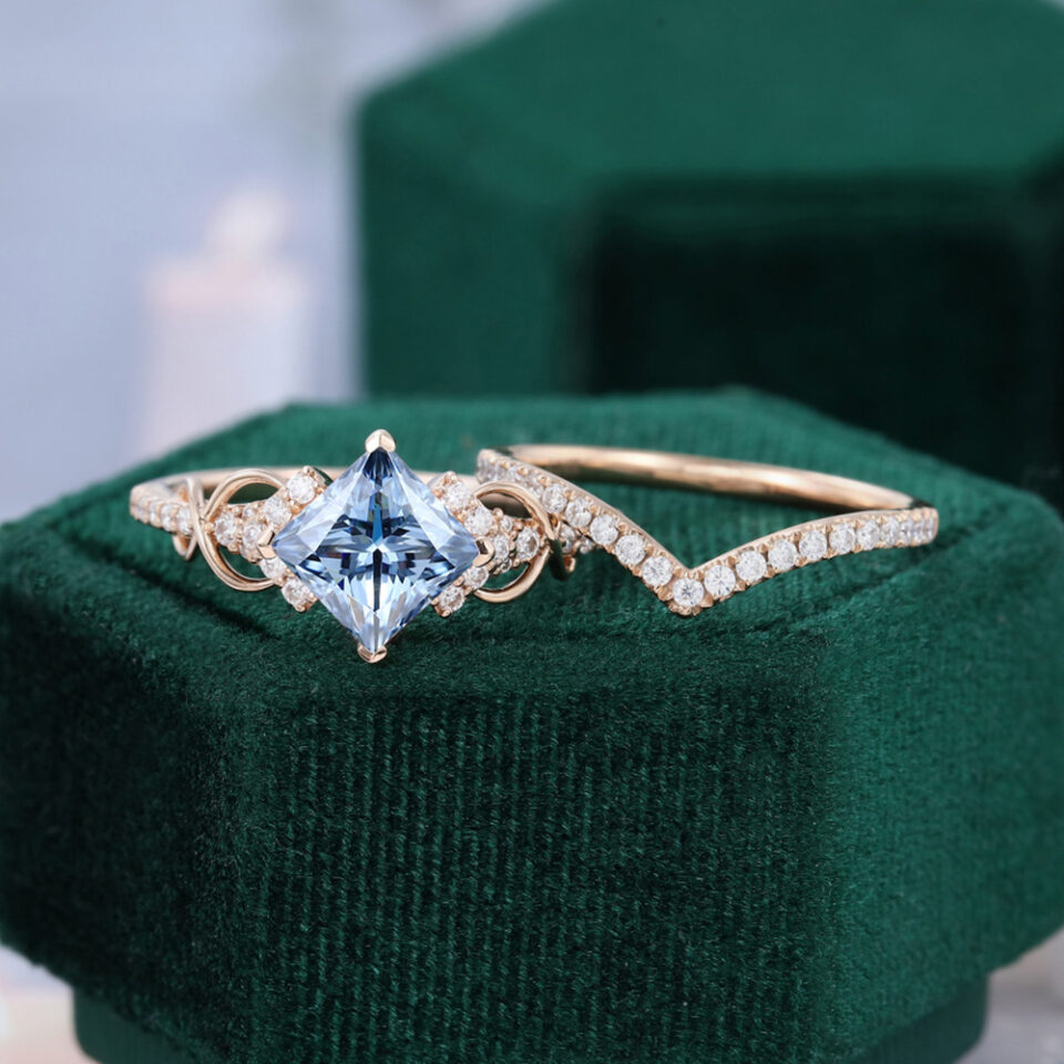 Princess Cut Blue-Gray Moissanite Bridal Ring Set Infinity Pavé Engagement Ring Set (8)