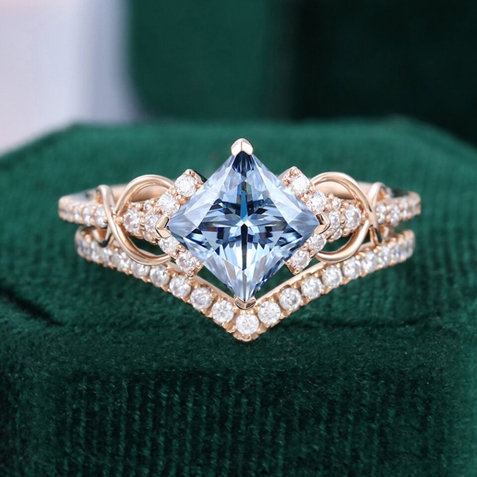 Princess Cut Blue-Gray Moissanite Bridal Ring Set Infinity Pavé Engagement Ring Set