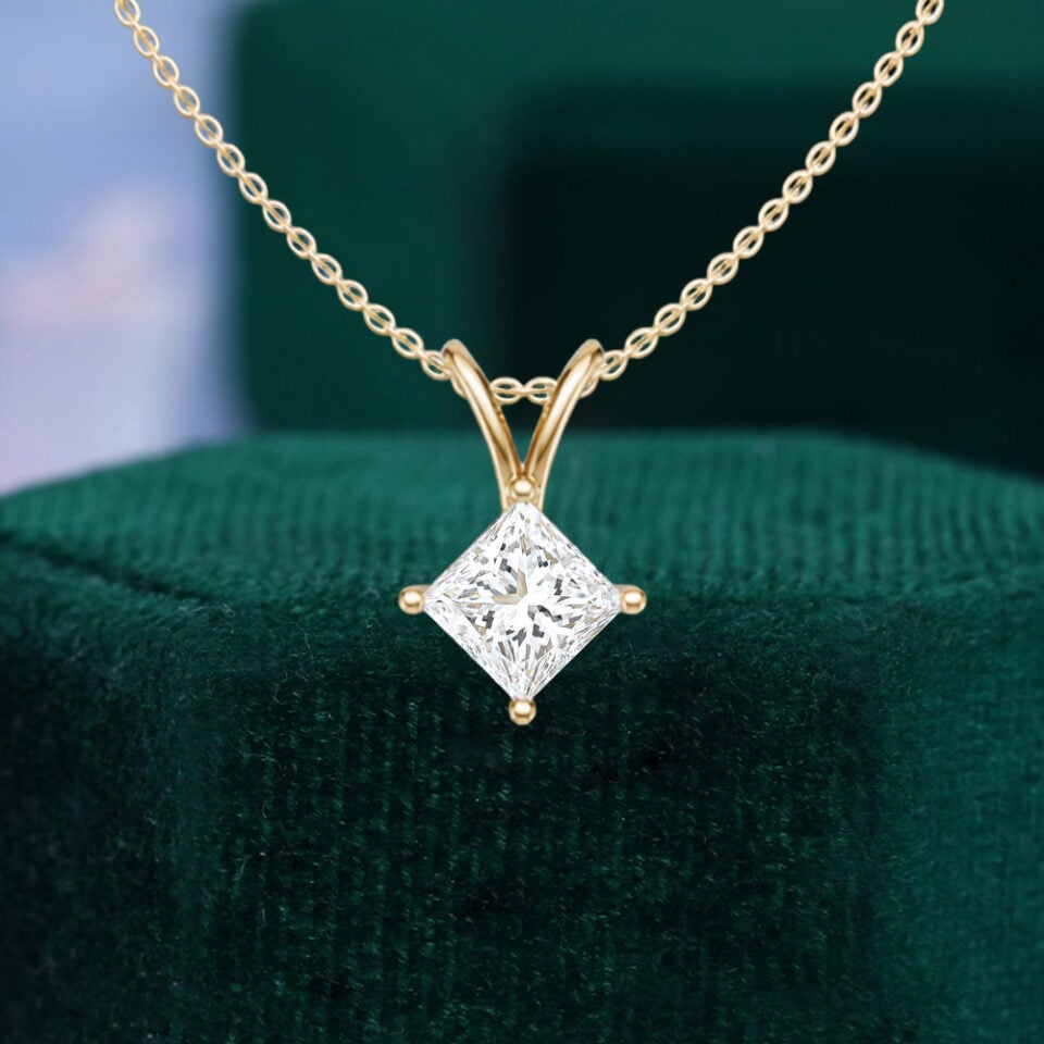 Princess Cut Lab Diamond Solitaire V-Bale Pendant Necklace
