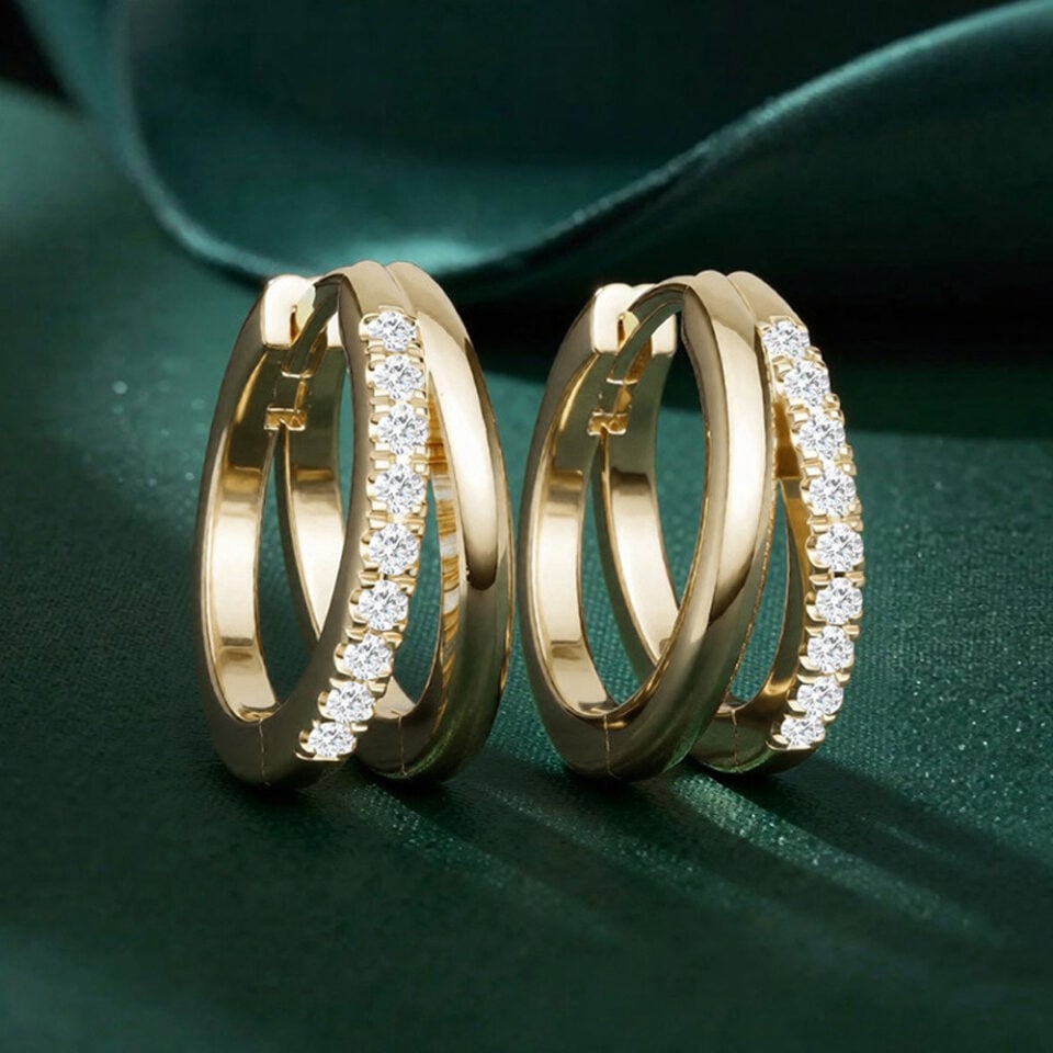 Unique Double Row Lab Diamond Pavé Huggie Hoop Earrings