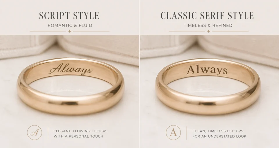 Wedding ring engraving font styles comparison featuring romantic fluid Script style versus refined timeless Classic Serif style on a gold band