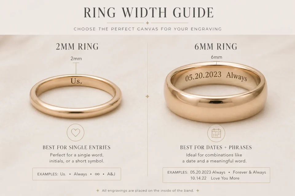 Wedding ring engraving width guide comparing 2mm dainty band with a single word and 6mm wide band with date and phrases
