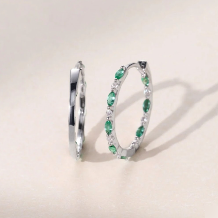 Alternating Marquise Emerald & Round Diamond Huggie Earrings (Platinum Version)