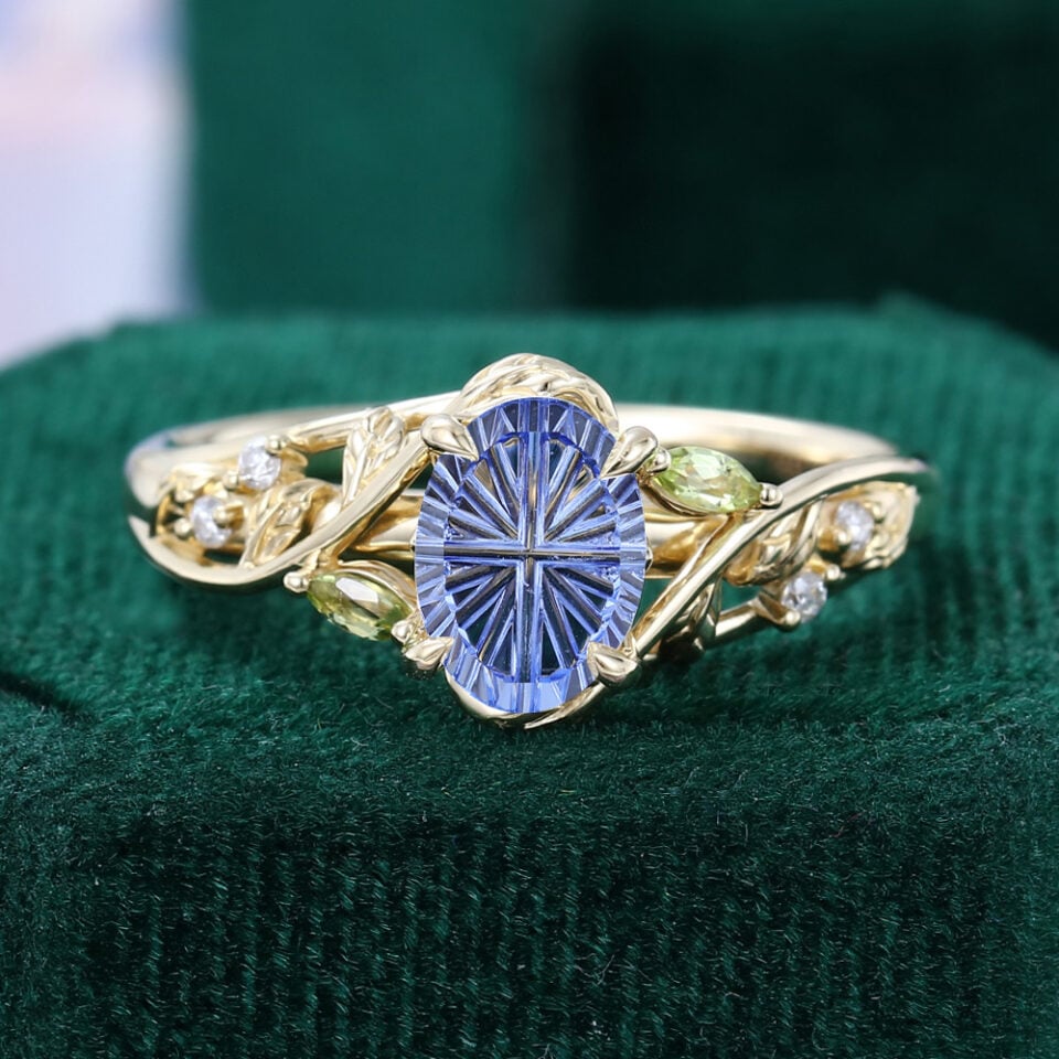 Fantasy Cut Oval Shaped Lab Cornflower Sapphire Engagement Ring Leaf and Vine Band