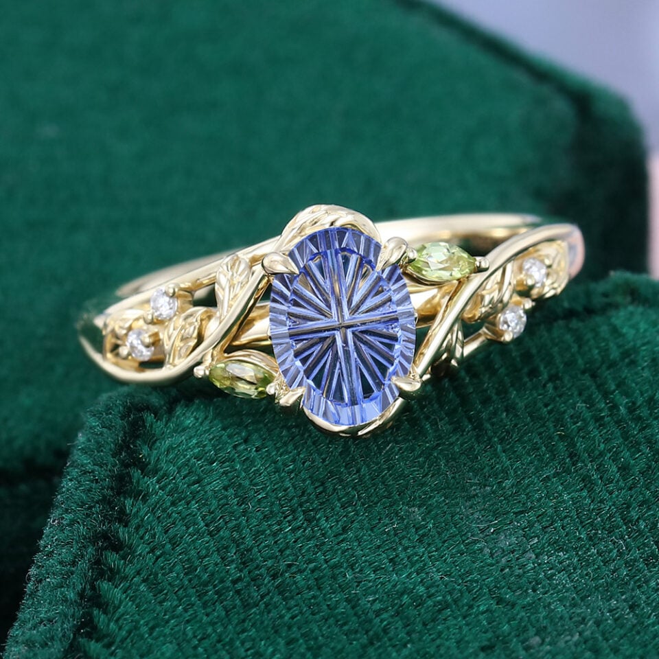 1 CT Oval Fantasy Cut Lab Cornflower Sapphire Engagement Ring Leaf and Vine Band (4)
