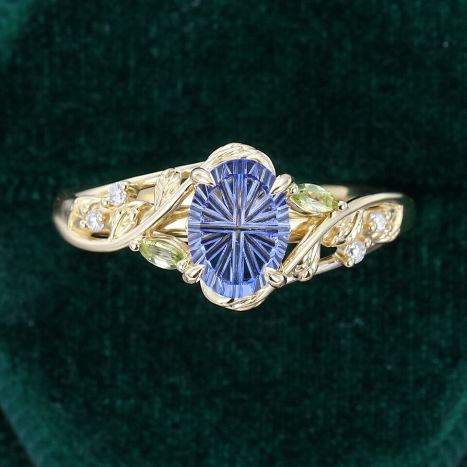 1 CT Oval Fantasy Cut Lab Cornflower Sapphire Engagement Ring Leaf and Vine Band (6)