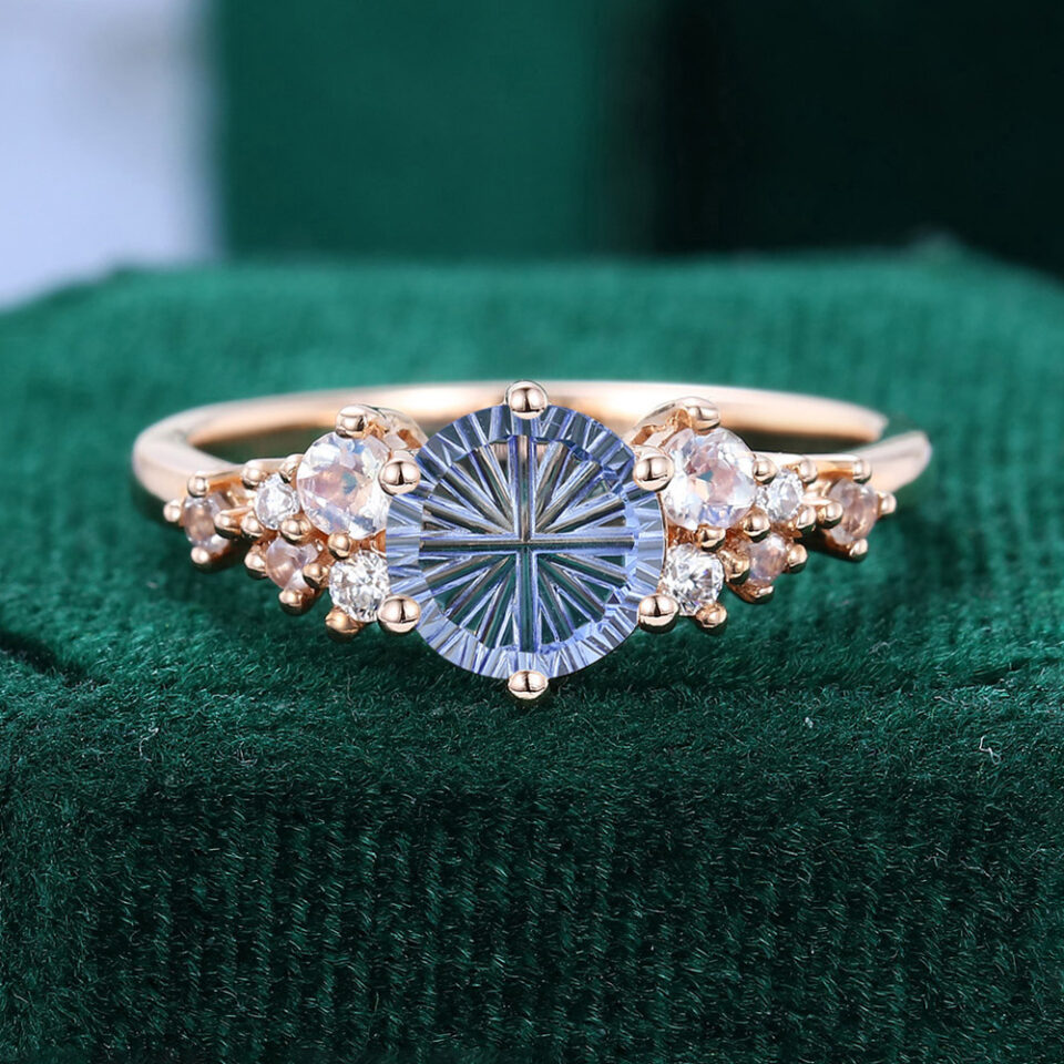 Fantasy Cut Round Shaped Lab Cornflower Sapphire Engagement Ring Starlight Cluster Ring