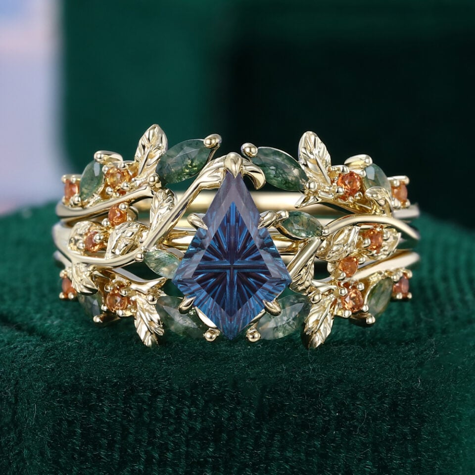 Fantasy Cut Kite Shaped Lab Alexandrite 2PCS Stacking Bridal Set Enchanted Forest Moss Agate & Orange Sapphire Engagement Ring