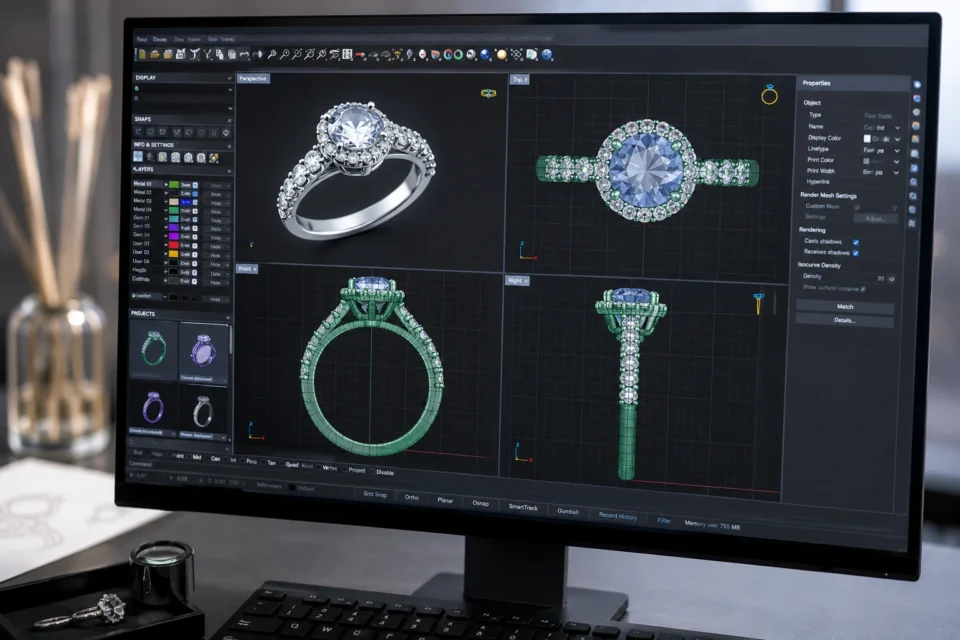 3D jewelry design CAD software showing a custom engagement ring model