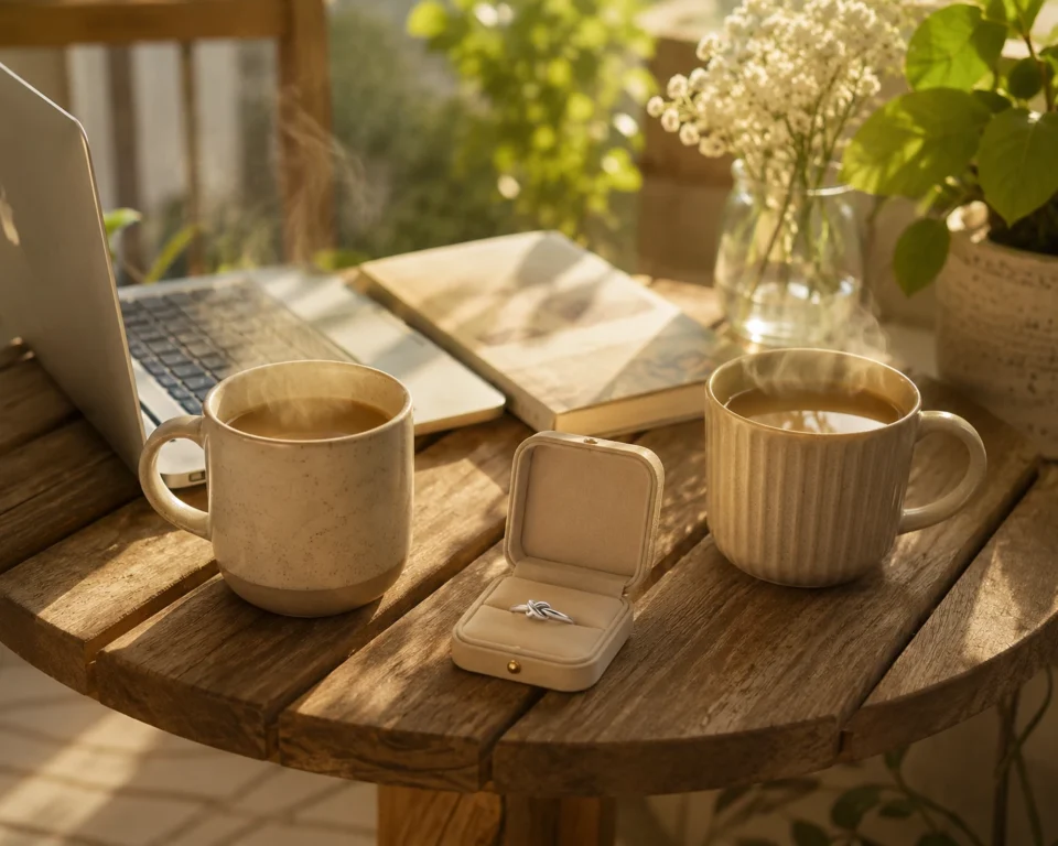 A casual and romantic promise ring presentation scene with two coffee mugs on a sunlit wooden table, avoiding a stressful marriage proposal setting
