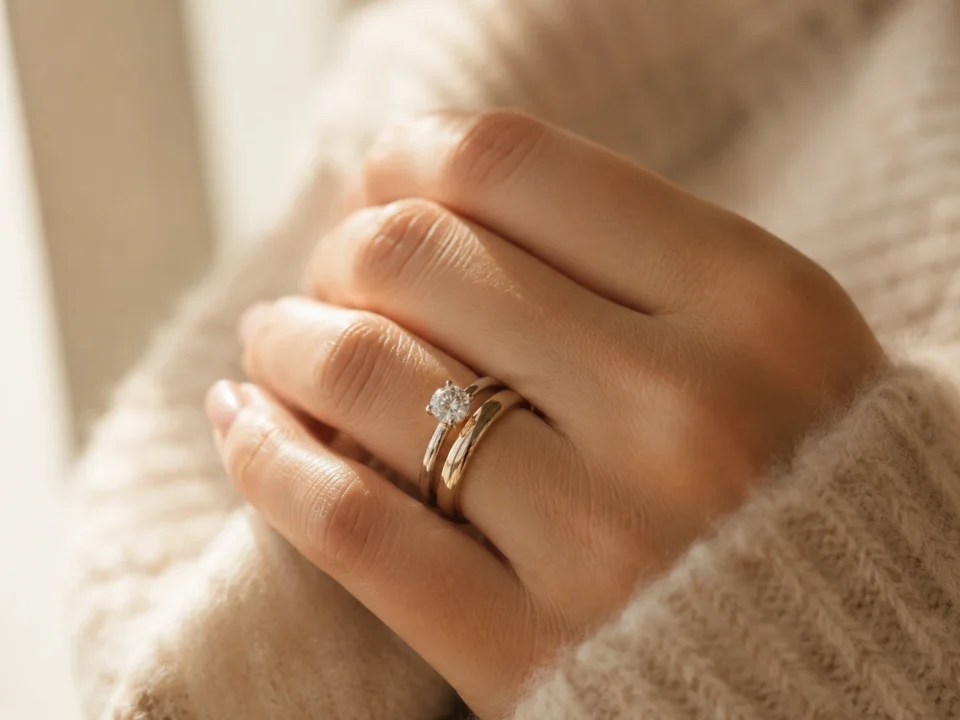 A classic and elegant wedding ring stack featuring a gold custom wedding band next to a classic solitaire diamond engagement ring