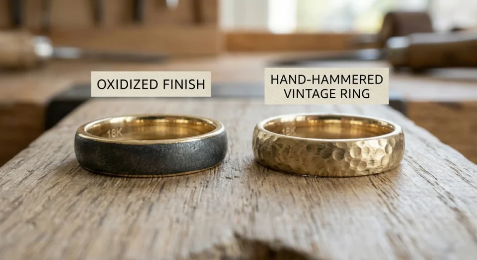 A comparison of two vintage style men's custom 18K gold rings, showcasing a dark textured oxidized finish on the left and a hand-hammered finish on the right