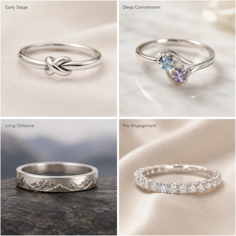 A four-grid collage of promise ring design ideas for different relationship stages, featuring a knot ring, birthstone bypass ring, mountain engraved band, and a moissanite eternity ring