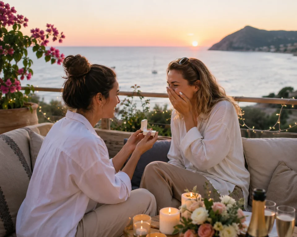 A romantic lesbian proposal at sunset on an outdoor patio overlooking the ocean