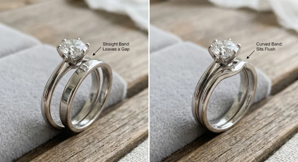 A side-by-side comparison of straight versus curved custom wedding bands, showing how a contoured ring sits flush against a low-setting engagement ring