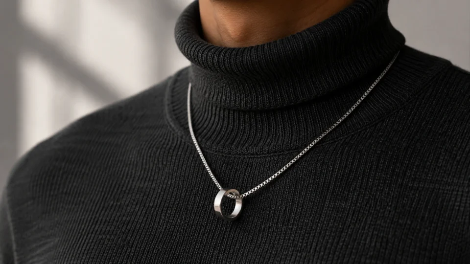 A solid platinum box chain threaded with a white gold band ring worn as a temporary pendant necklace