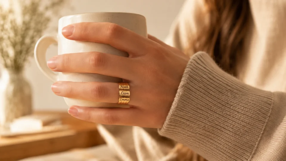 A stack of gold custom name rings for moms worn on a single finger lifestyle shot