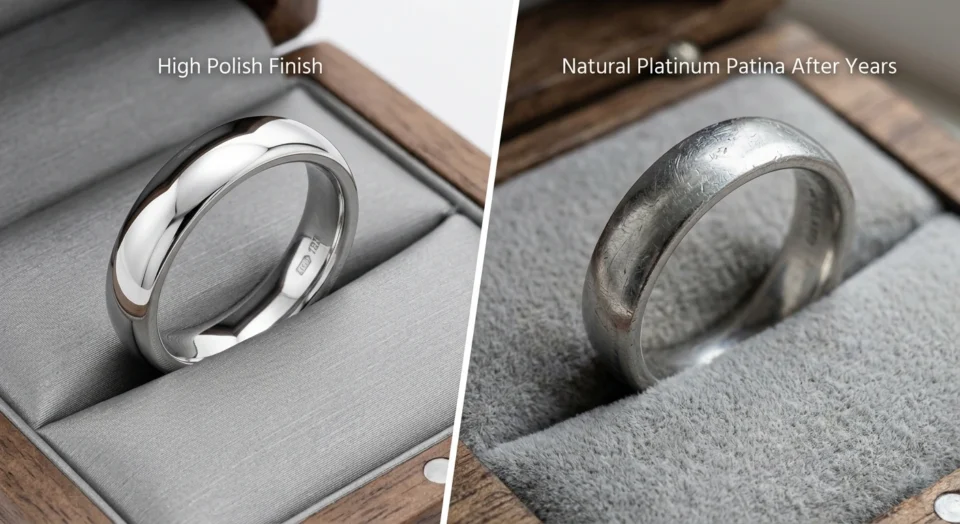 A visual guide of a durable platinum custom wedding band, comparing its brand new high polish finish with the natural vintage patina developed over years of daily wear