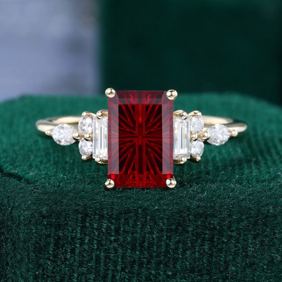 Fantasy Cut Emerald Shaped Lab Ruby Art Deco Engagement Ring with Moissanite Accents