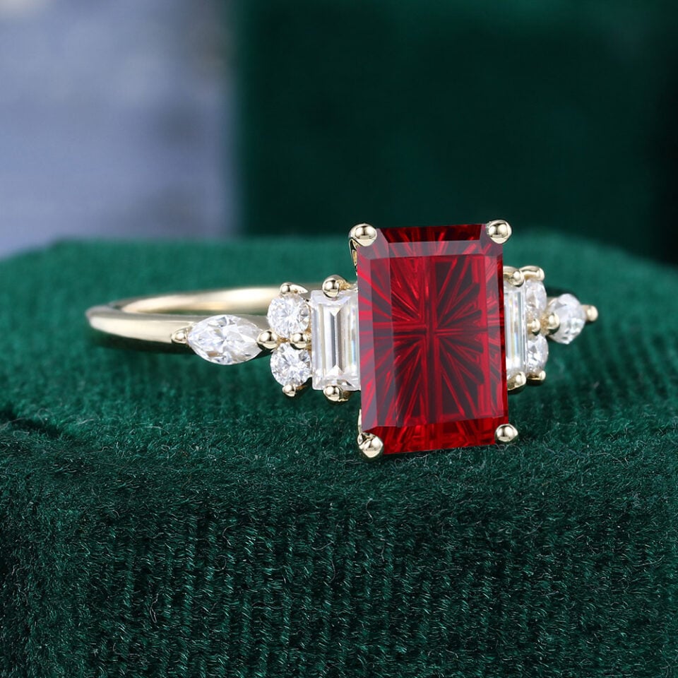Art Deco Emerald Fantasy Cut Lab Ruby Ring with Moissanite Accents (2)