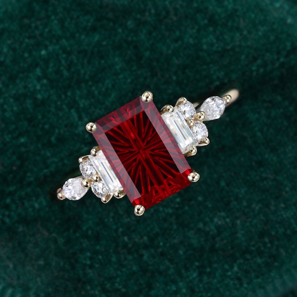 Art deco emerald fantasy cut lab ruby ring with moissanite accents