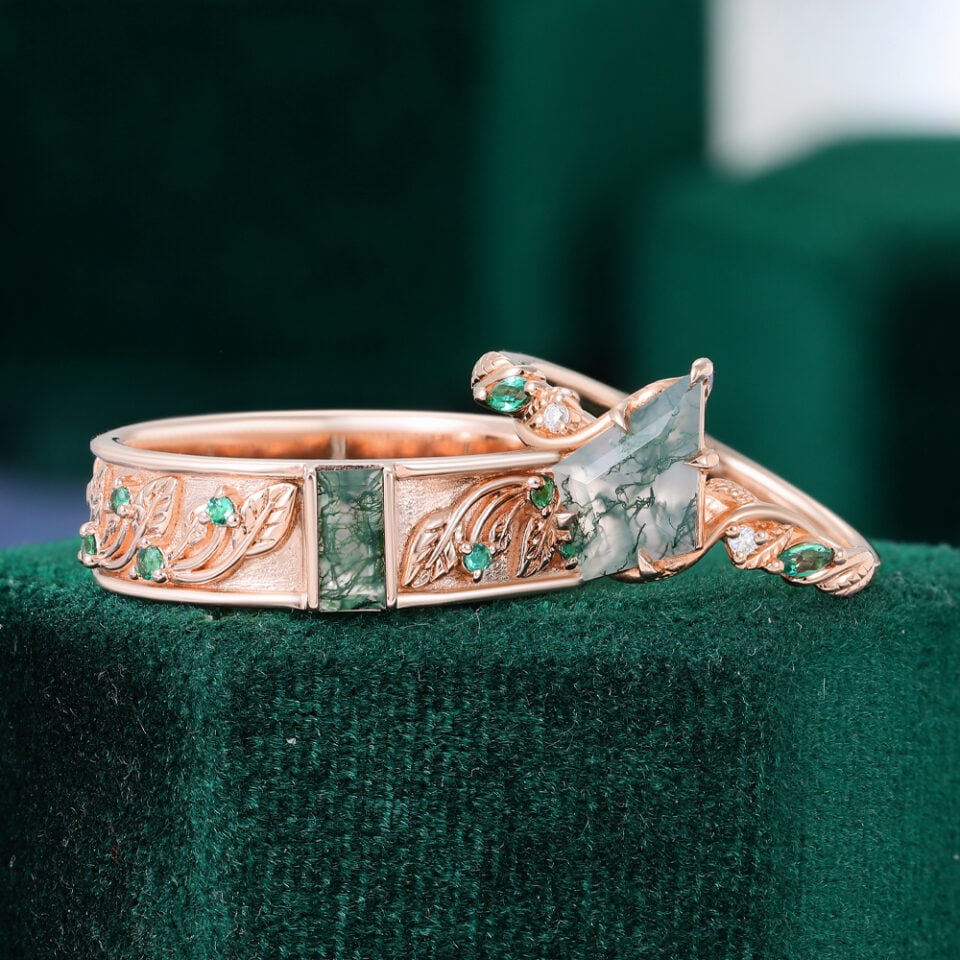 Baguette & Kite Cut Moss Agate Leaf Couple's Rings Nature Inspired Matching Rings